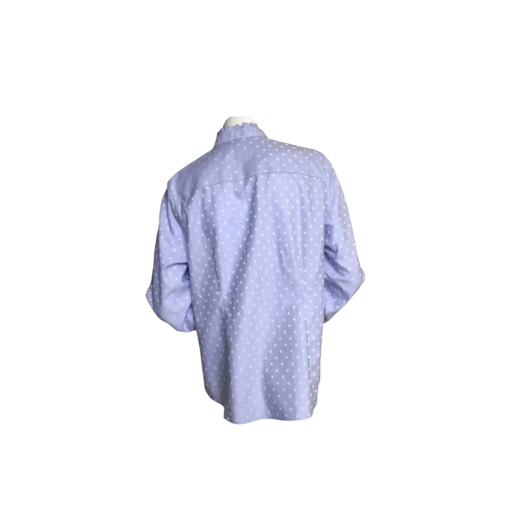 CHICO’S Shirt Lavender Polka Dot Long Sleeve No-iron Cotton Ruffles Sz 2 (10-12)